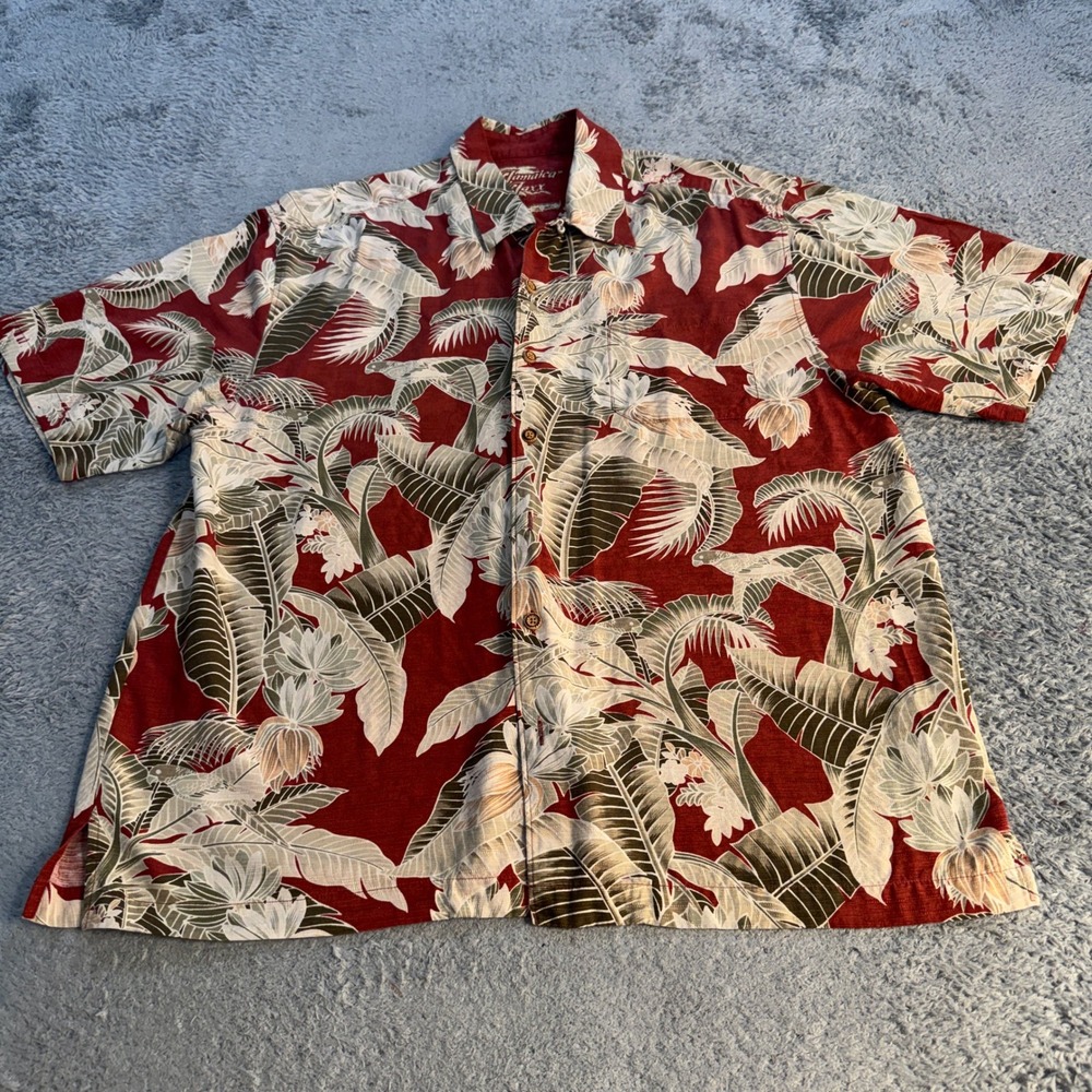 Jamaica Jaxx Mens Tropical Palm Silk Button Up Shirt Large Red Floral Leaf Print
